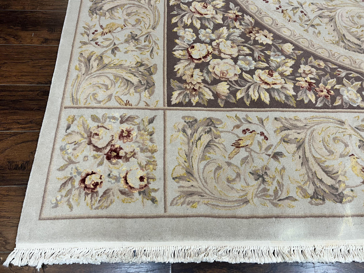 Aubusson Rug 10x14, Wool & Silk Highlights Hand Knotted Vintage Carpet, Birds Flowers, Fine Details, Elegant - Jewel Rugs, view 9