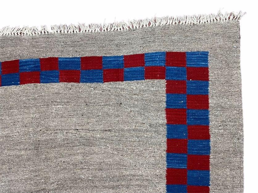 Gray Turkish Kilim Carpet 5' 7" x 7' 7", Medium Kilim Rug, Hand-Knotted, Blue & Red Border, Minimalistic Design, Geometric, Wool, New - Jewel Rugs, view 8