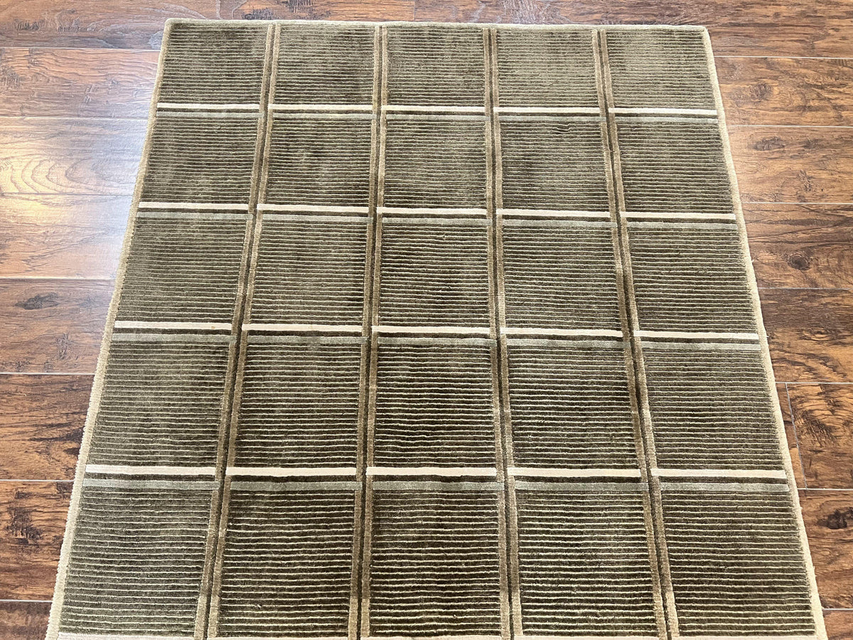 Tibetan Rug 4x6, Green Wool Handmade Area Rug 4 x 6, Panel Design, Modern Contemporary - Jewel Rugs, view 12