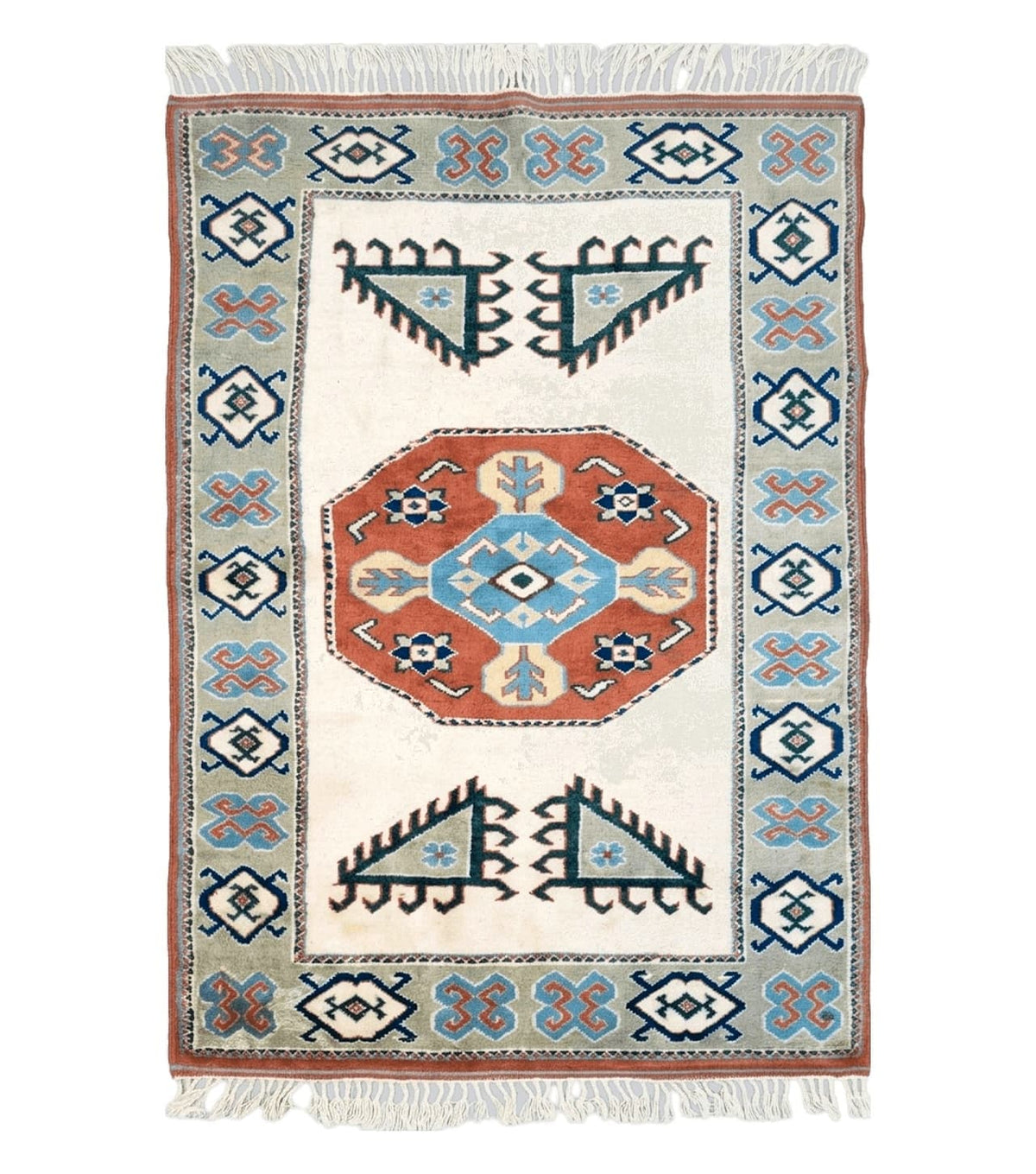 Vintage Turkish Rug 4x6, Beige Red Gray Carpet, Caucasian Design, Tribal Rug, Hand-Knotted, Boho Rug, Bohemian Home Decor - Jewel Rugs