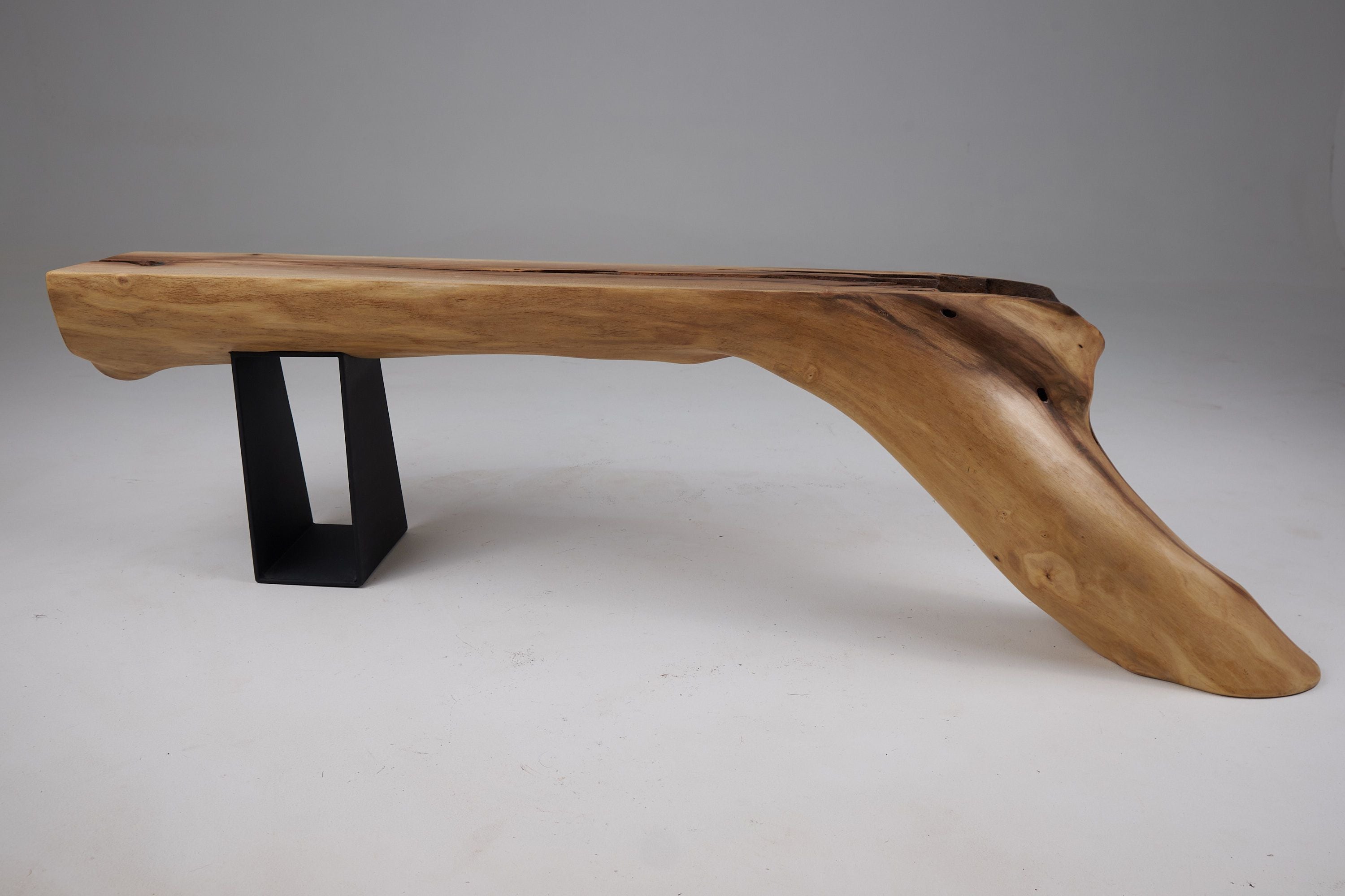 Leszy, Organic Sculptural Wood Bench with Metal Base