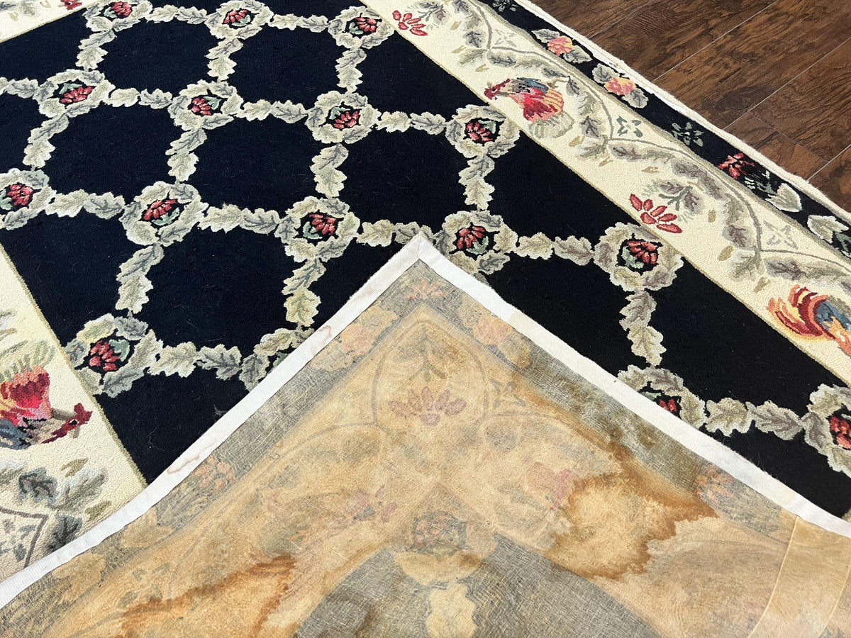 Hooked Rug 5x8, European Aubusson Pattern, Black and Ivory, Roses & Roosters, Vintage Wool Rug - Jewel Rugs, view 11