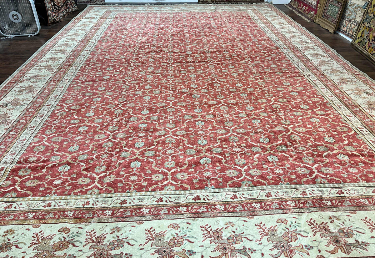 Turkish Oushak Rug 12x18, Wool Hand Knotted Vintage Carpet, Red & Oatmeal, 12 x 18 Palace SIze Handmade Oriental Rug - Jewel Rugs, view 2