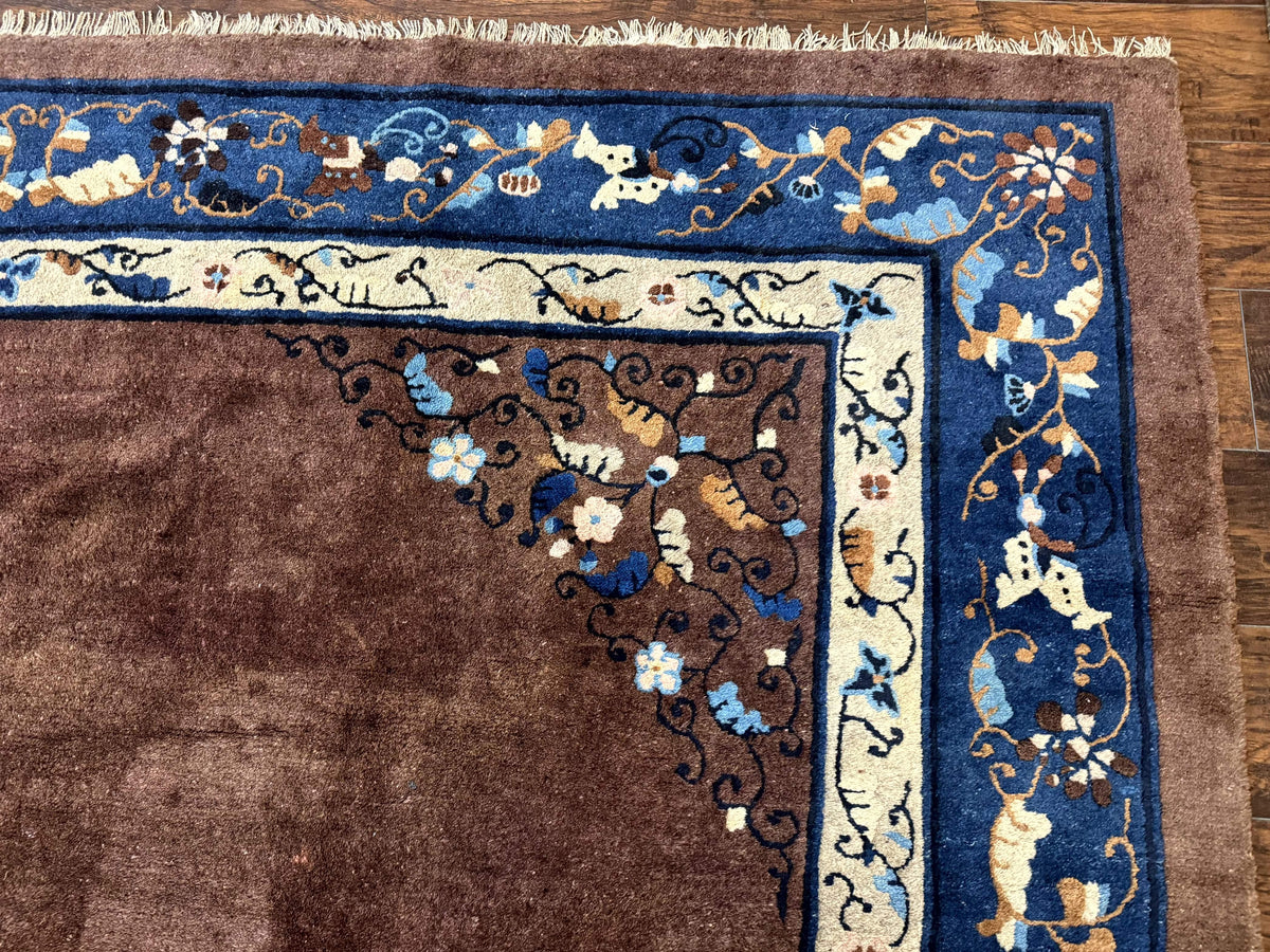 Antique Chinese Wool Rug 9x11, Large Chinese Art Deco Rug, Peking Rug, Brown and Blue, Open Field, Fete Rug - Jewel Rugs, view 8