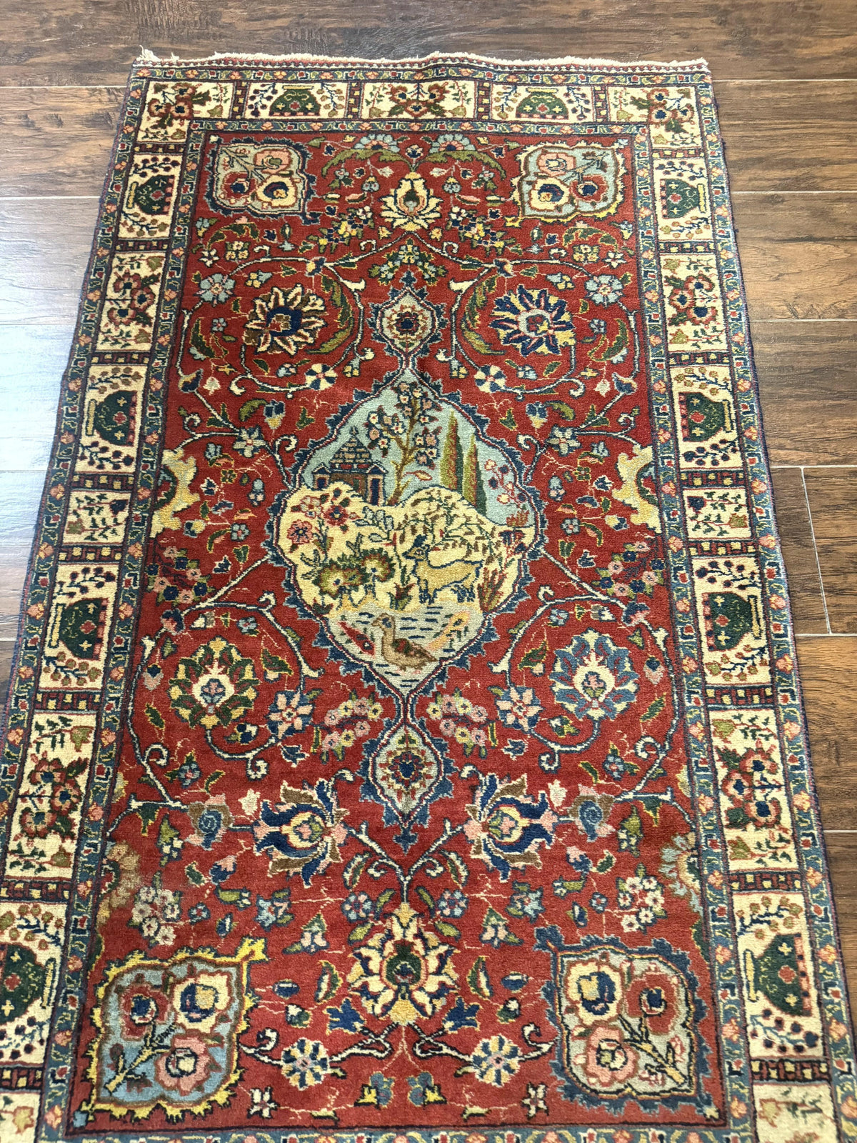 Small Persian Tabriz Rug 2.8 x 4.7, Red, Animal Pictorials, Semi Antique Vintage - Jewel Rugs, view 7