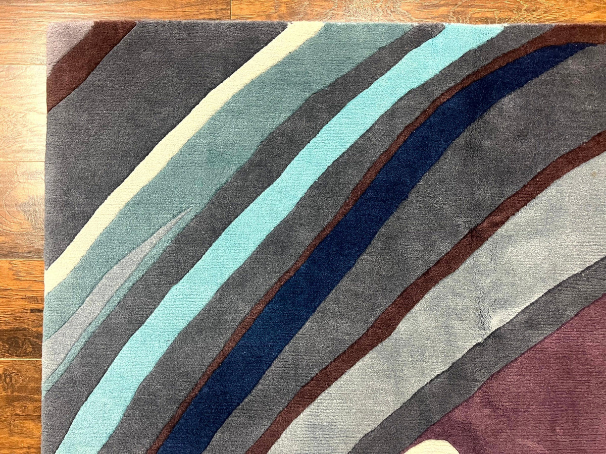 Modern Nepali Handmade Wool Rug 6x8, Blues Gray Mauve, Abstract, Nepali Tibetan Rug - Jewel Rugs, view 7