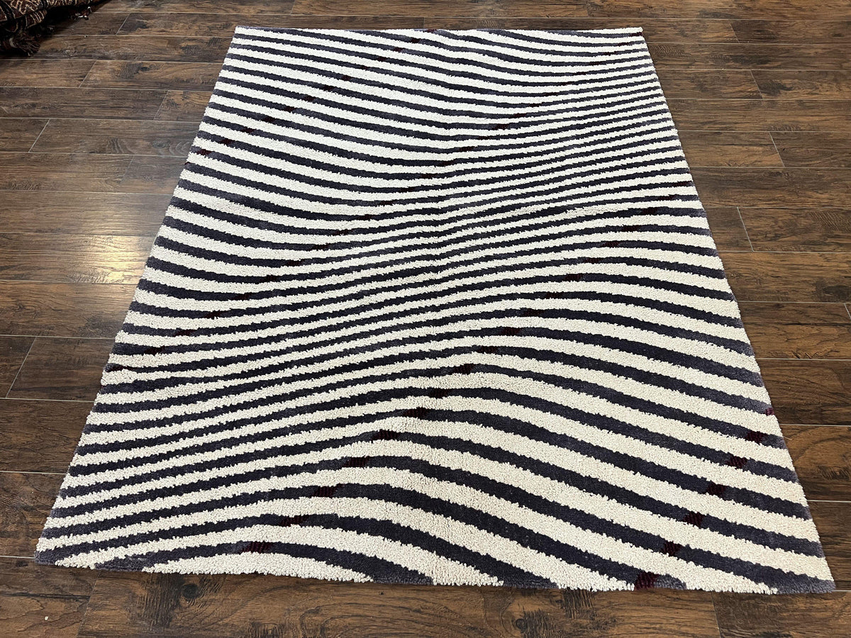 Vintage Zebra Stripes Shag Rug 5.7 x 7.4, Black and White, Retro, Wool - Jewel Rugs, view 2