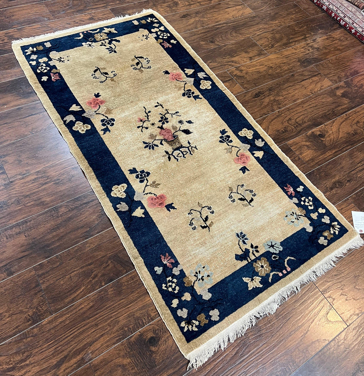 Antique Chinese Peking Rug 3x6, Beige and Dark Blue Hand Knotted Handmade Asian Oriental Carpet, Floral Vases, Vintage Wool Art Deco Rug - Jewel Rugs, view 13
