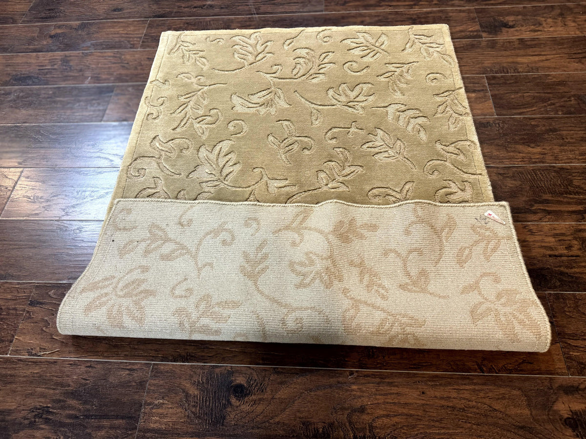 Modern Tibetan Rug 3.7 x 5.5, Carved Floral Design, Wool and Silk Highlights - Jewel Rugs, view 12