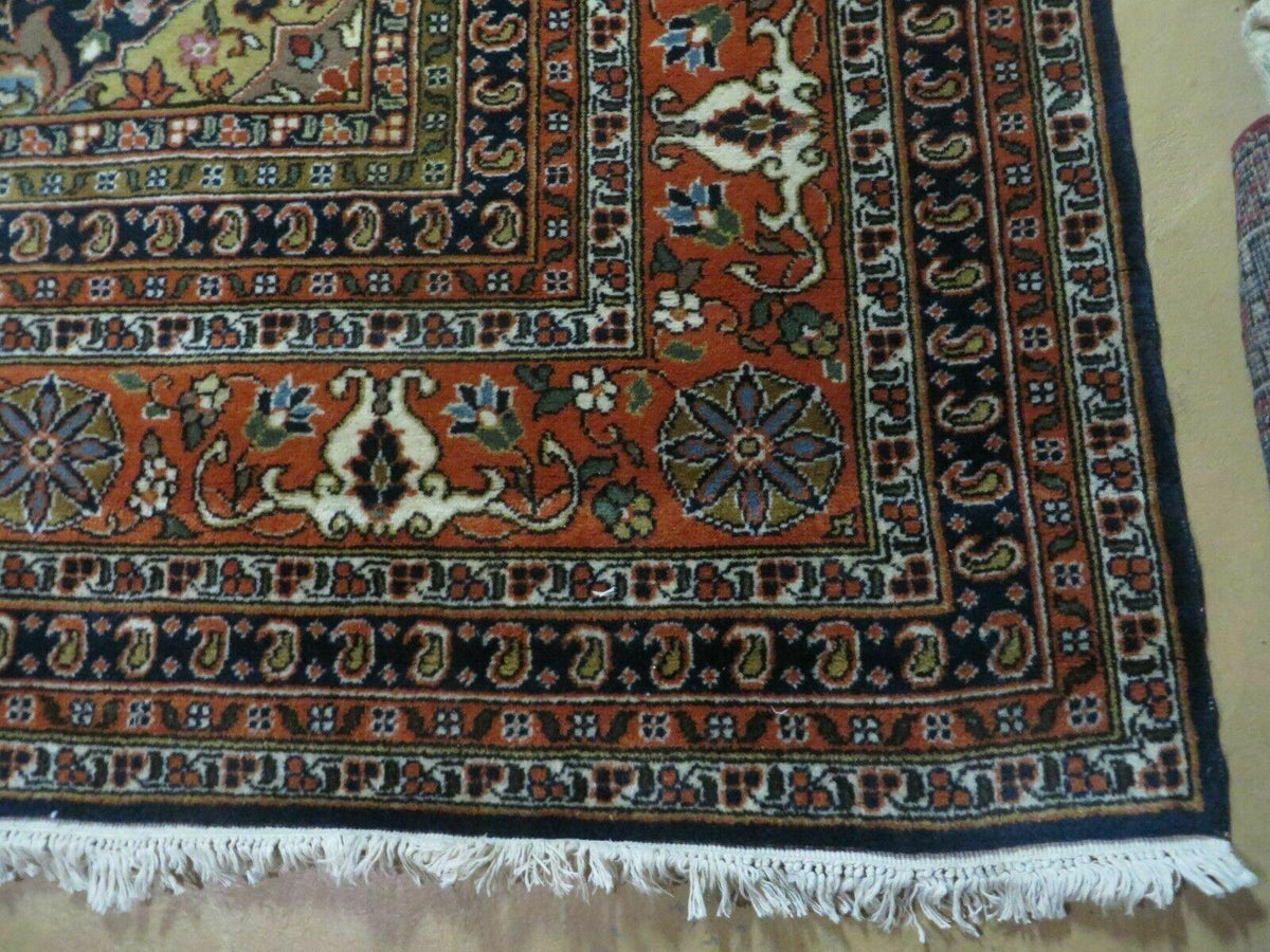 Indo Persian Rug 9x12, Semi Open Field Medallion, Ivory Tomato Red Navy Blue, Hand Knotted Indian Oriental Wool Carpet 9 x 12 ft, Room Sized - Jewel Rugs, view 10