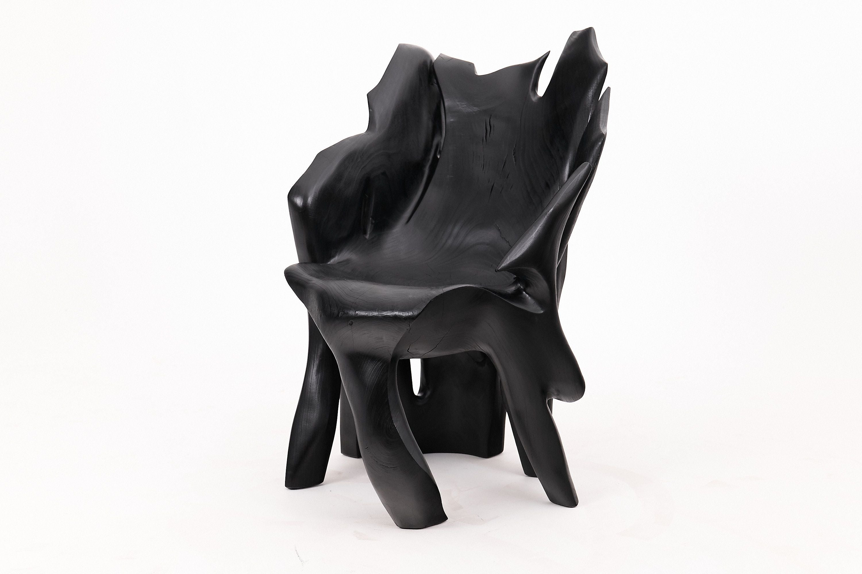 Sculptural Black Charred Wood Armchair in Organic Form by Logniture