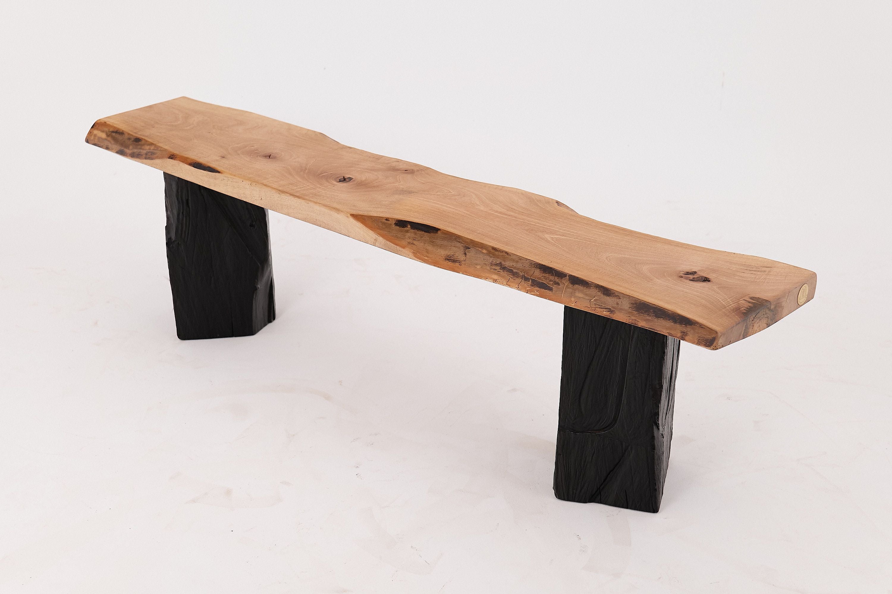 Live Edge Solid Wood Bench with Charred Legs, Organic Modern by Logniture