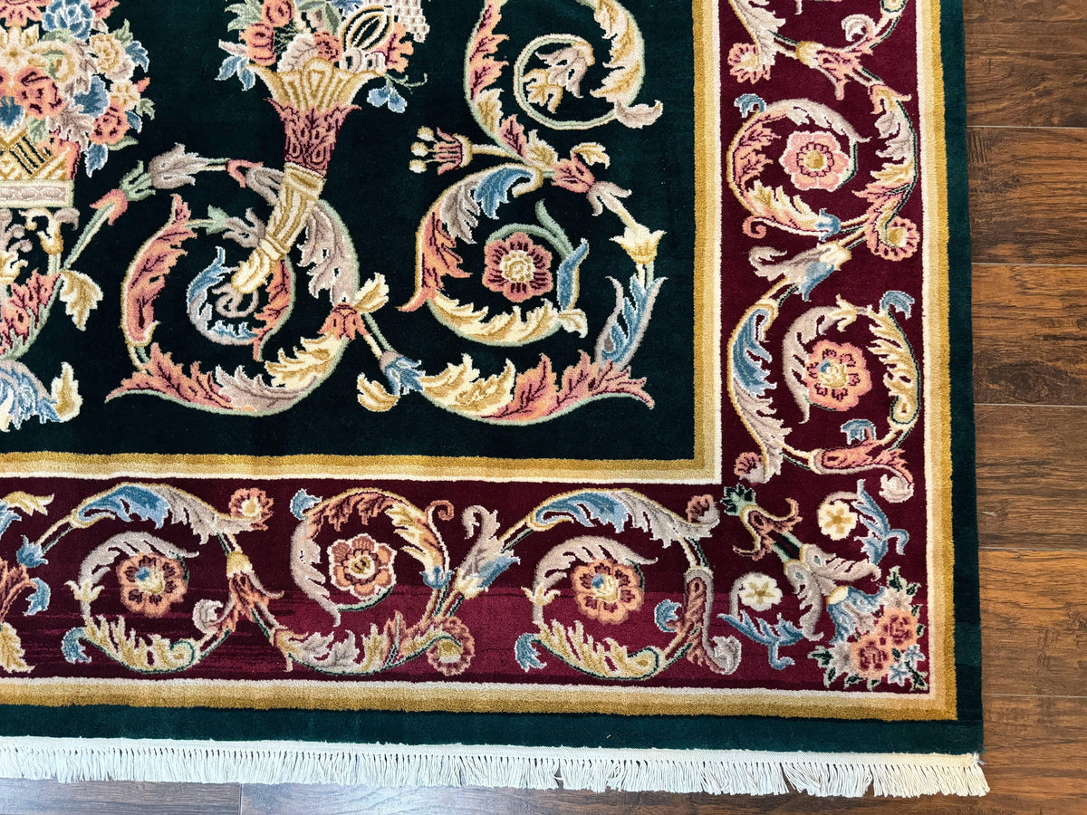 Aubusson Rug 9x12, Dark Green, European Design, Vintage Fine Handmade Carpet, Elegant - Jewel Rugs, view 10