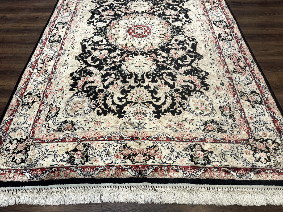 Indian Kashmiri Silk Rug, Floral Medallion, Vintage Hand Knotted Carpet - Jewel Rugs, view 5