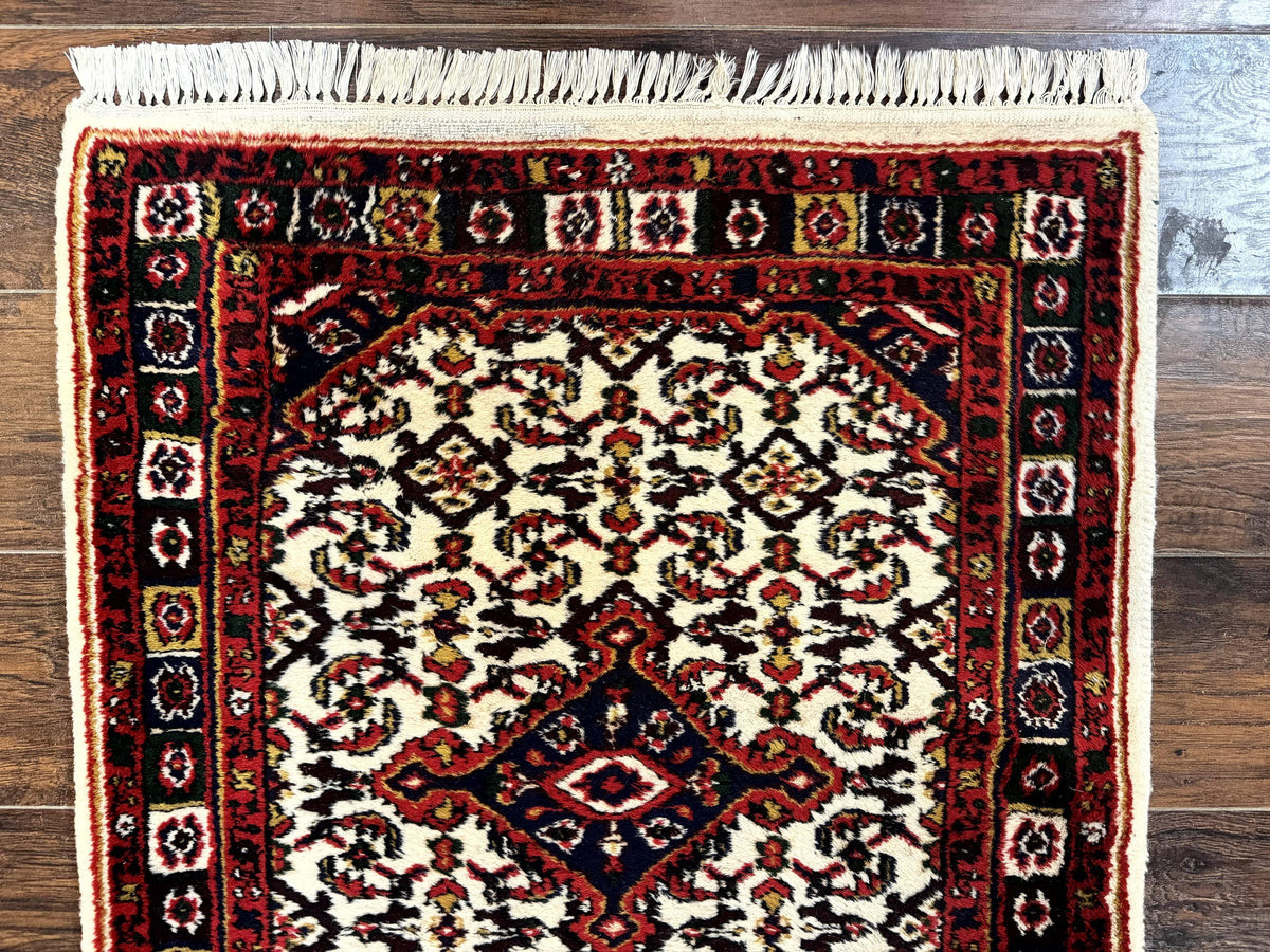 Indo Persian Bidjar Runner Rug 2.8 x 10, Vintage Rug for Hallway, 10ft Runner, Wool Handmade Ivory and Red, Medallions - Jewel Rugs, view 4