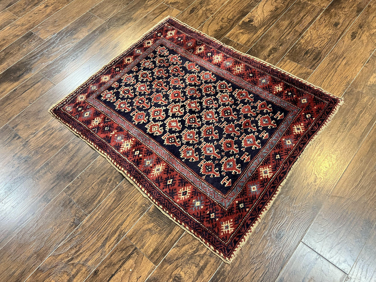 Turkish Sparta Rug 3x4, Allover Pattern, Navy Blue and Red, Antique Ispara Oriental Carpet 3 x 4, Small Turkish Handmade Vintage Wool Rug - Jewel Rugs, view 13