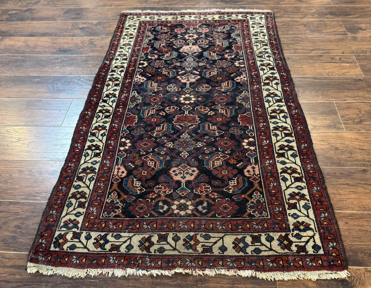 Navy Blue Antique Persian Rug 3x6, Blue and Ivory Persian Carpet, Handmade 1920s Hamadan Rug - Jewel Rugs, view 2