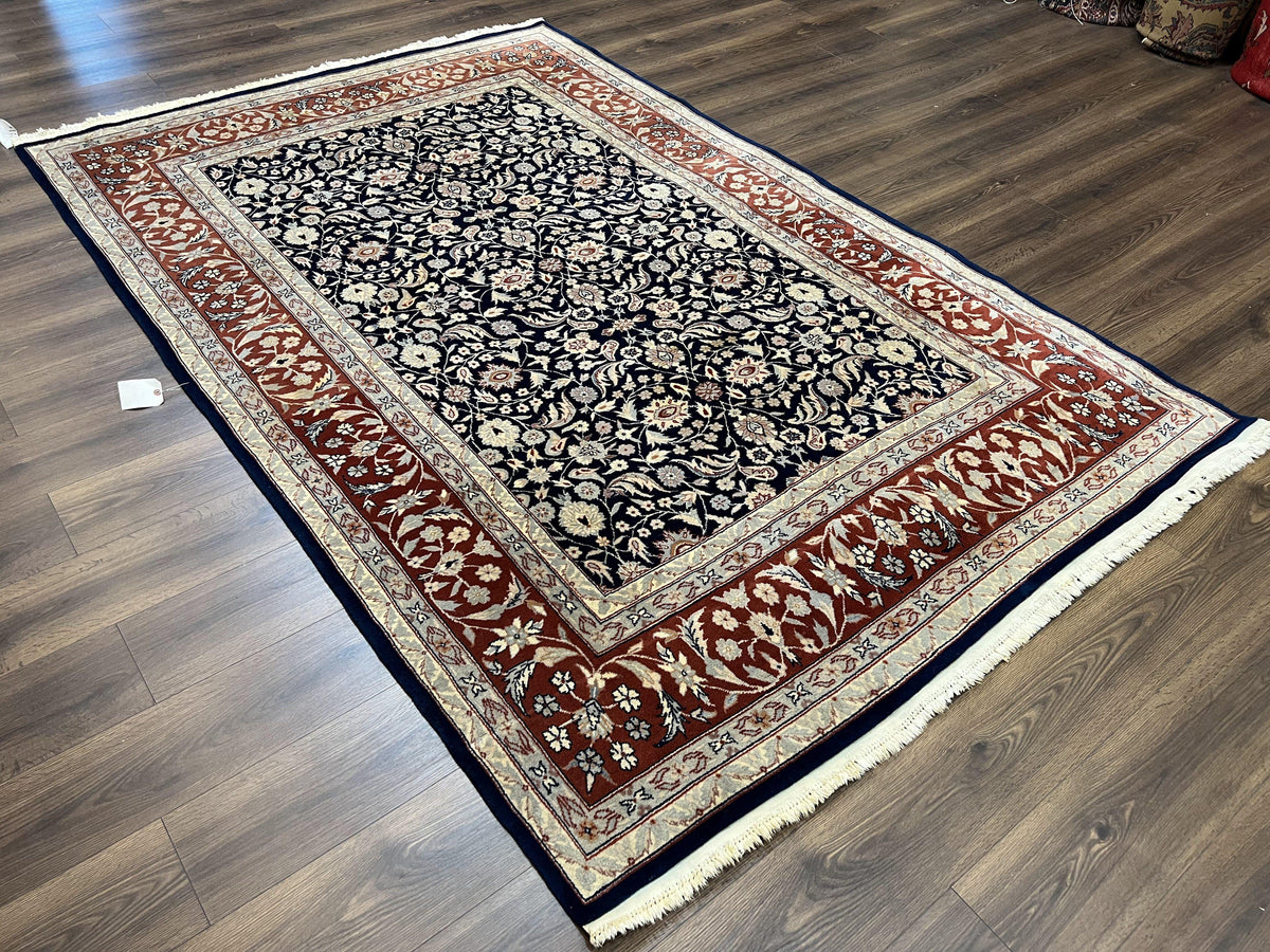 Indo Sarouk Rug 6x9, Vintage Indian Persian Rug, Wool Oriental Carpet, Navy Blue Red Allover Floral Rug, Traditional Very Fine Rug, Area Rug - Jewel Rugs, view 3