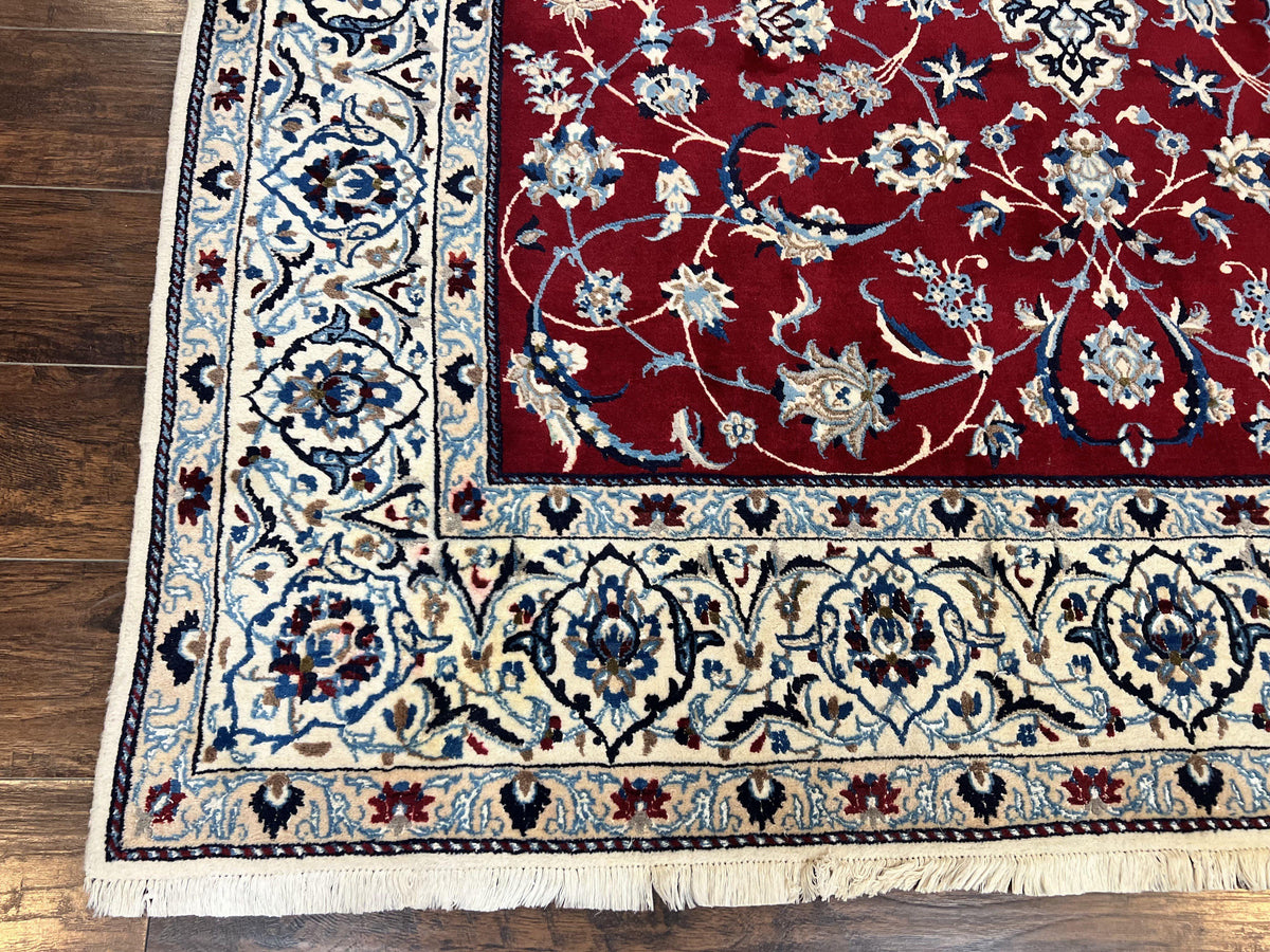 Persian Nain Rug 6x10, Wool and Silk Highlights, Red and Ivory, Floral Medallion, Vintage Handmade Hand Knotted, Fine 225 KPSI, Traditional Rug - Jewel Rugs, view 8