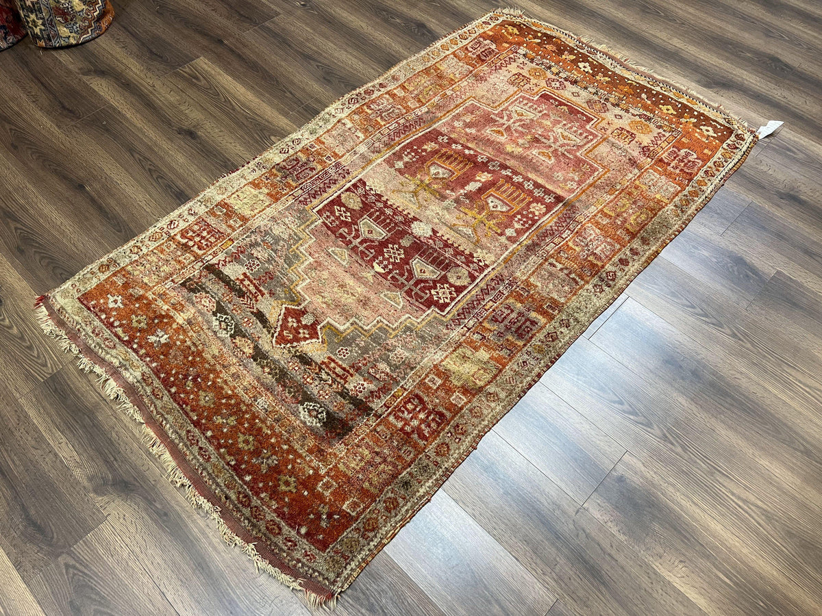Antique Turkish Melas Rug 4x7, Tribal Geometric Unique Collectible Hand Knotted Wool Oriental Carpet, Rare 1920s Rug, Burnt Orange Red - Jewel Rugs, view 3