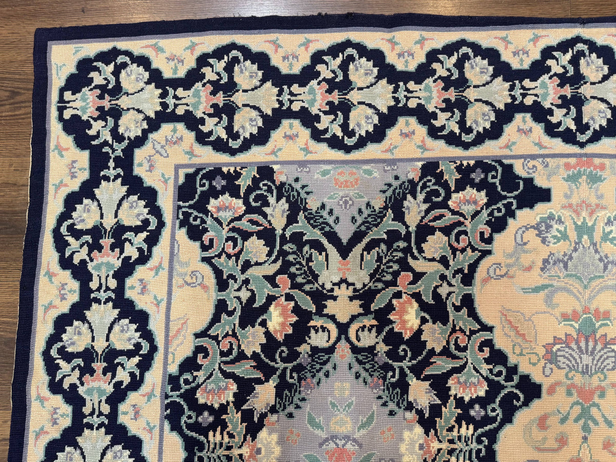 Needlepoint Rug 6x9, Ivory and Navy Blue - Jewel Rugs, view 7