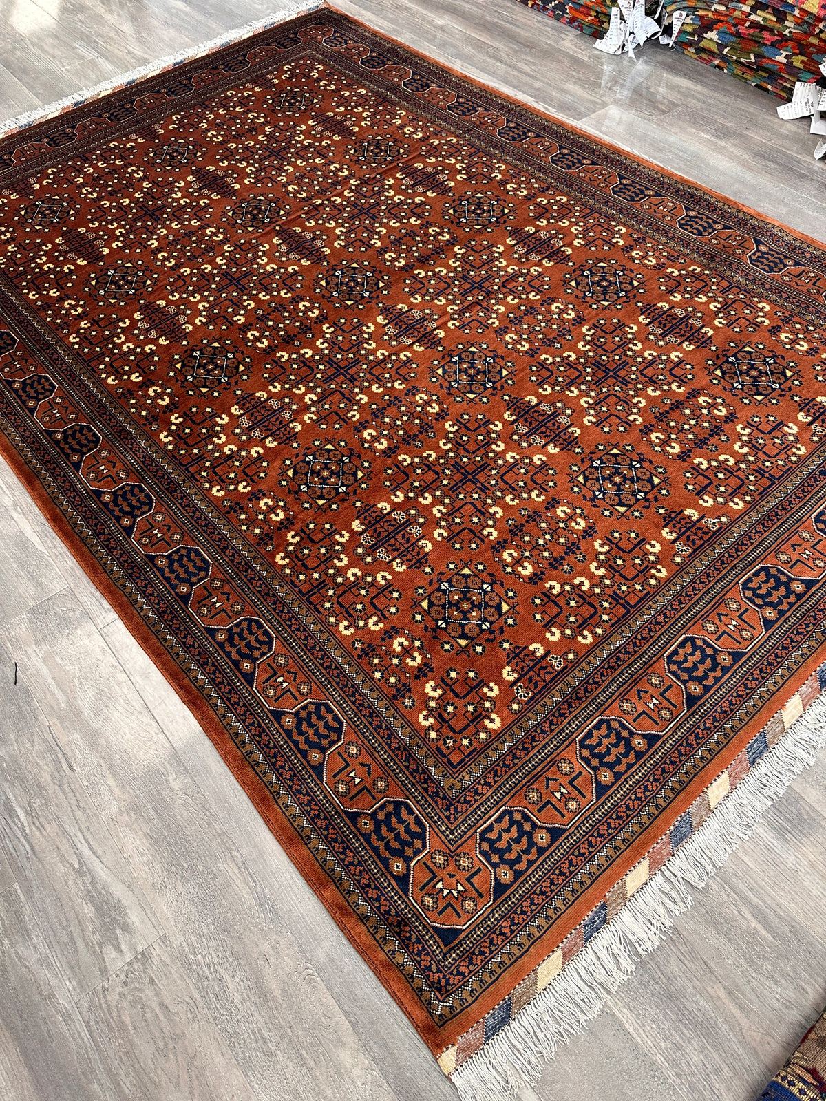 Afghan Turkmen Rug 7x10 | Orange, Navy & Ivory | Hand-Knotted Wool - Rugistan, view 4