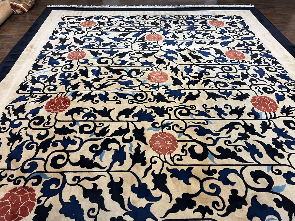 Antique Chinese Peking Rug 10x14, Beige Black, Handmade Wool Art Deco Carpet - Jewel Rugs, view 13