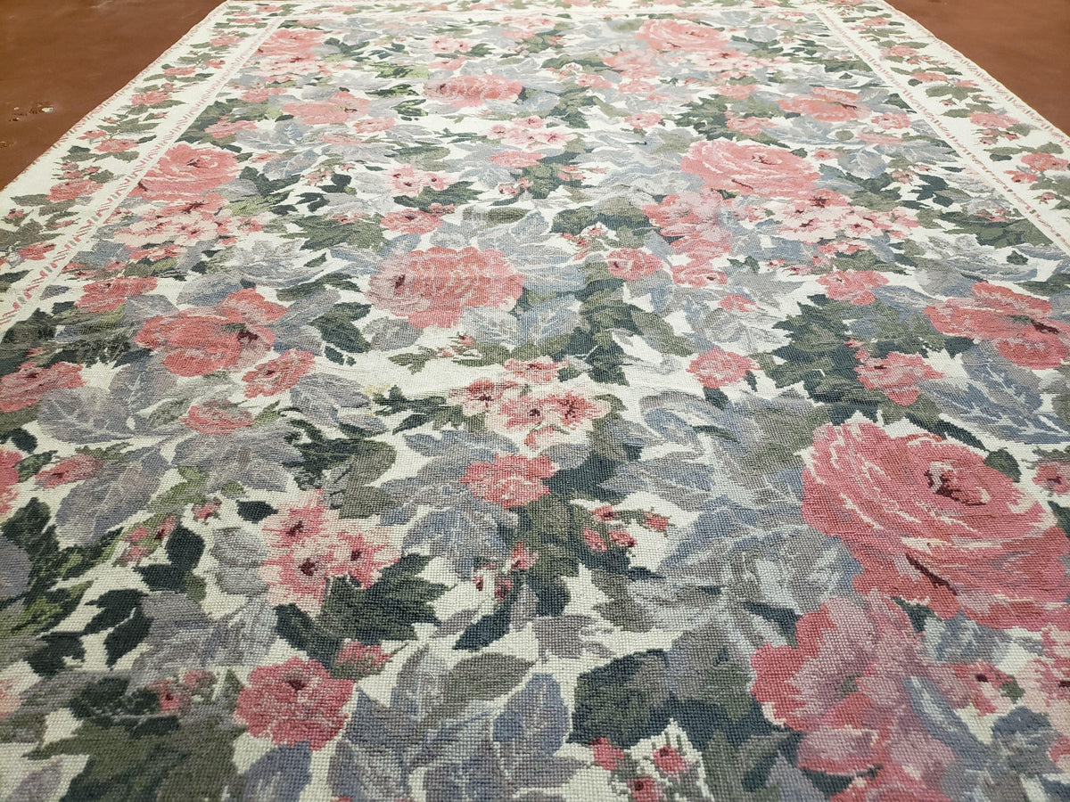 5x8 Needlepoint Rug 5' 4" x 8' 3" Wool Flat Weave Floral New Unused Carpet English Design Ivory Large Pink Flowers Green Leaves Hand-Knotted - Jewel Rugs, view 5