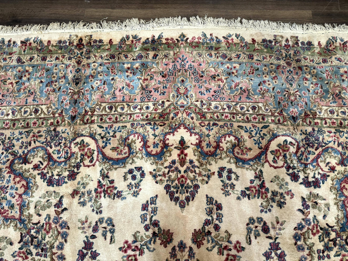 Palace Size Persian Kerman Rug 11x20 ft, Very Fine 340 KPSI, Vintage Oversized Wool Handmade Large Persian Carpet, Beige Light Blue Pink - Jewel Rugs, view 3