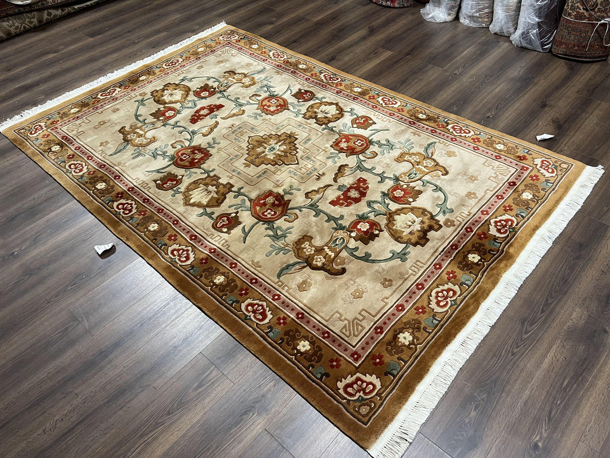 Chinese Wool Rug 5.9 x 9, Tan and Brown Asian Art Deco Carpet, Vintage 1960s Oriental Rug, Hand-Knotted Rug, Soft Wool, Medallion, Pair B - Jewel Rugs, view 3