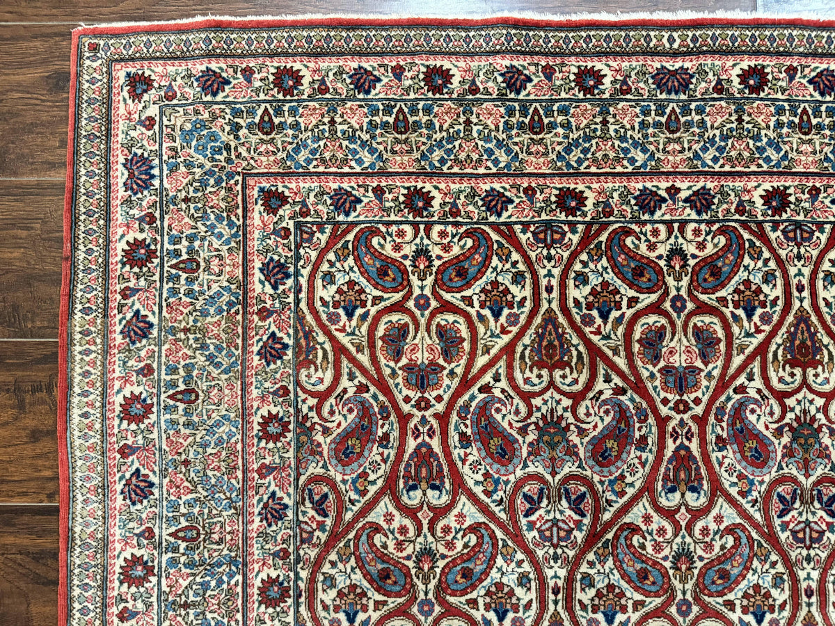 Unique Persian Qum Rug 5x7, Repeated Paisely Boteh Design, Ivory Red Blue, Handmade Antique Wool Persian Carpet, Finely Hand Knotted - Jewel Rugs, view 7