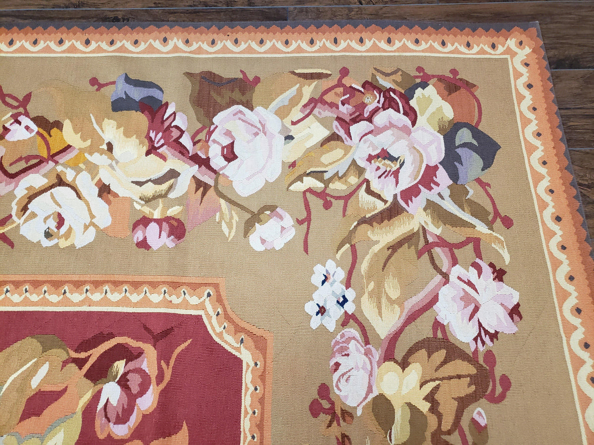 Vintage Chinese Aubusson Savonnerie Flat Pile Rug 9.9 x 14.5 Wool Handwoven Red & Khaki Large Flowers Rug 9x14 - 10x15 Michaelian Kolhberg - Jewel Rugs, view 8