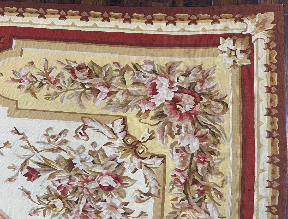 Aubusson Rug 9x12, Elegant Flatweave Savonnerie Carpet 9 x 12 ft, Ivory Light Yellow Red, Handmade Wool Flatweave French European Rug - Jewel Rugs, view 8
