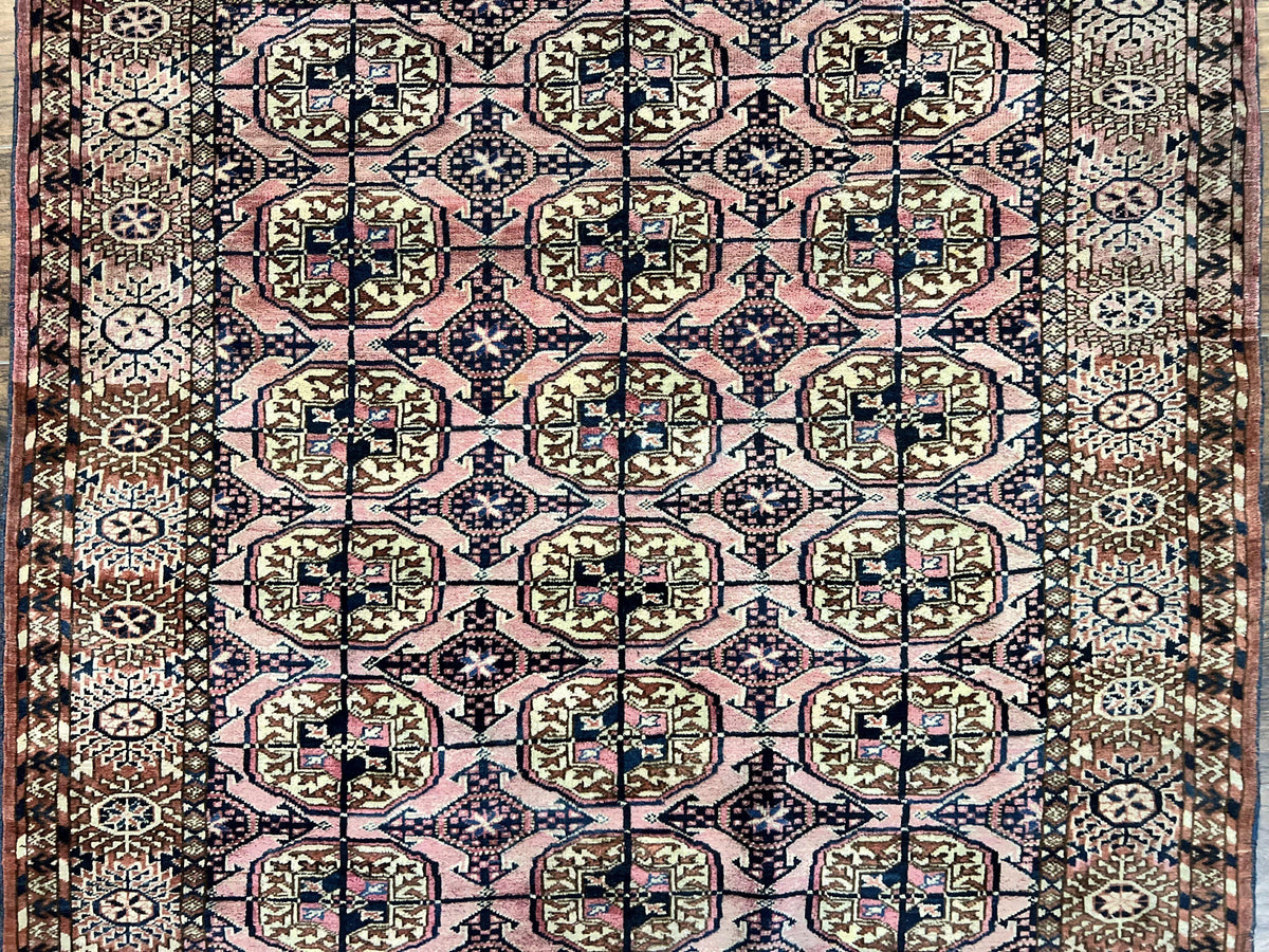 Persian Turkoman Rug 4x6, Wool Hand Knotted Antique Bokhara Carpet, Red Pink, Handmade Tribal Oriental Rug 4 x 6 ft - Jewel Rugs, view 5
