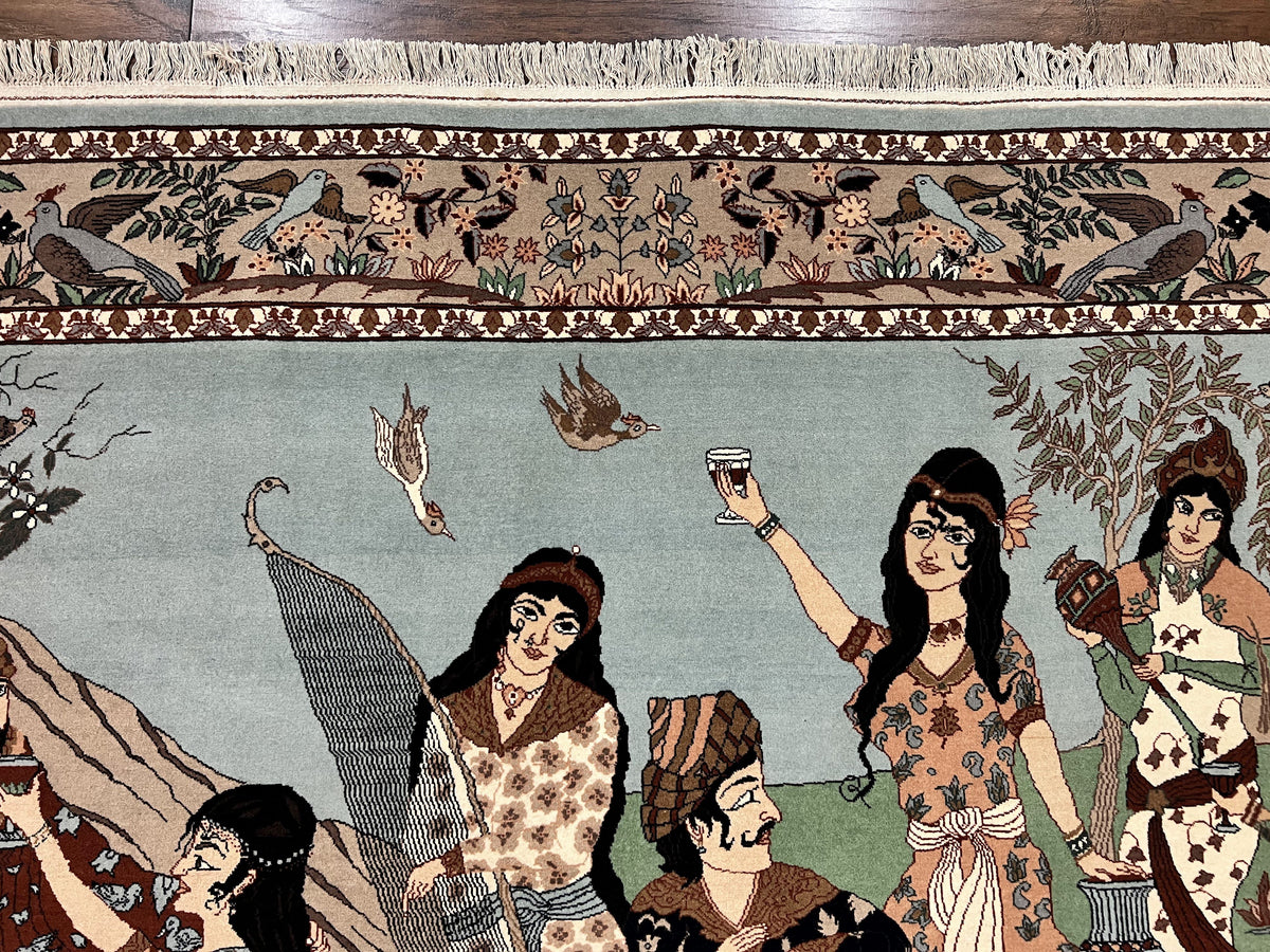Indo Persian Pictorial Rug 4x7, Handmade Hand Knotted Wool Semi Antique Horizontal Carpet, Men & Women Drinking, Fine Rug, Bird Pictorials - Jewel Rugs, view 3