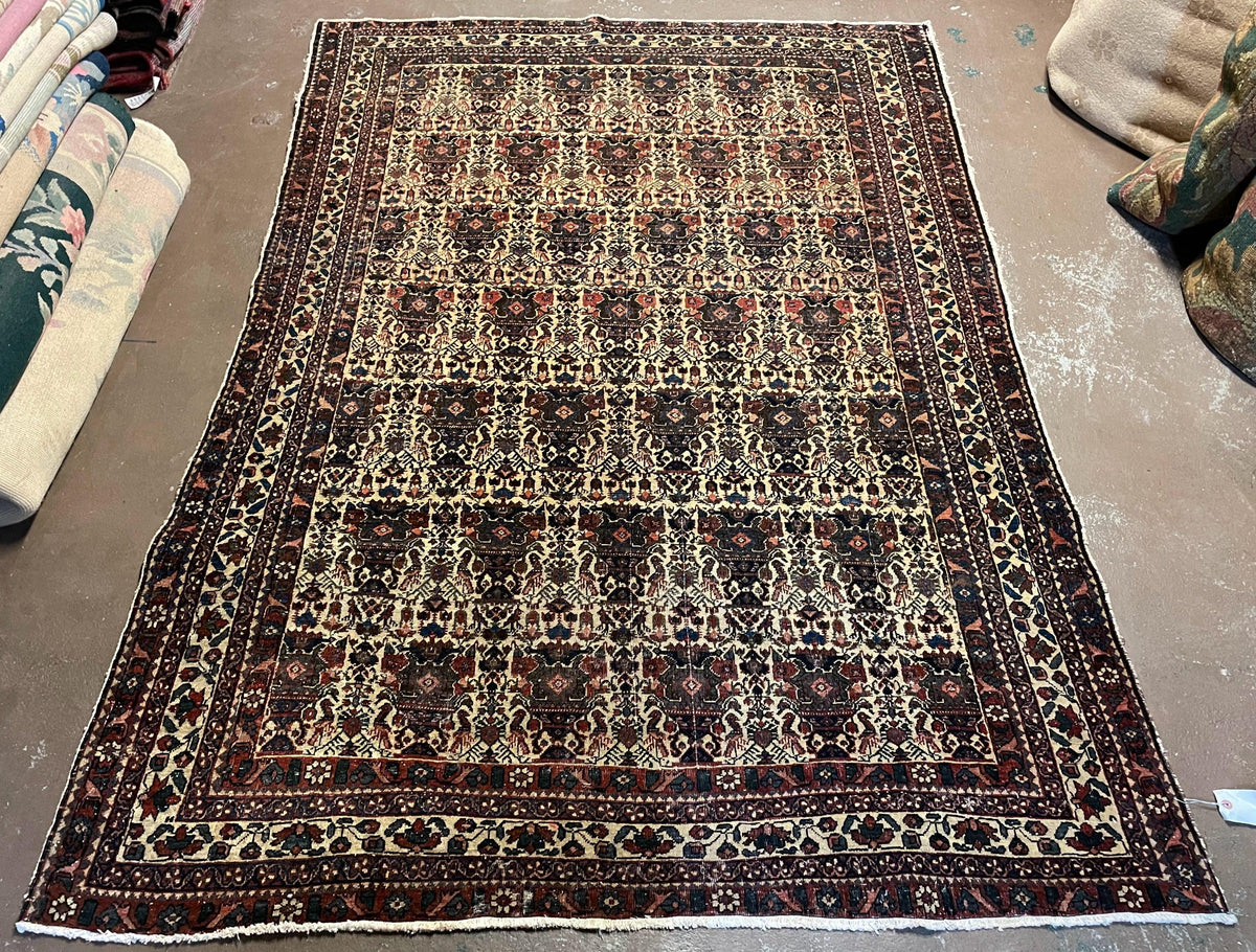 Antique Persian Afshar Rug 5x7, Wool Hand Knotted Oriental Carpet 5 x 7 ft, Repeated Motif Allover, Cream and Maroon, Tribal Rug, Medium Sized Rug,  Zil-i-Sultan Design - Jewel Rugs, view 2