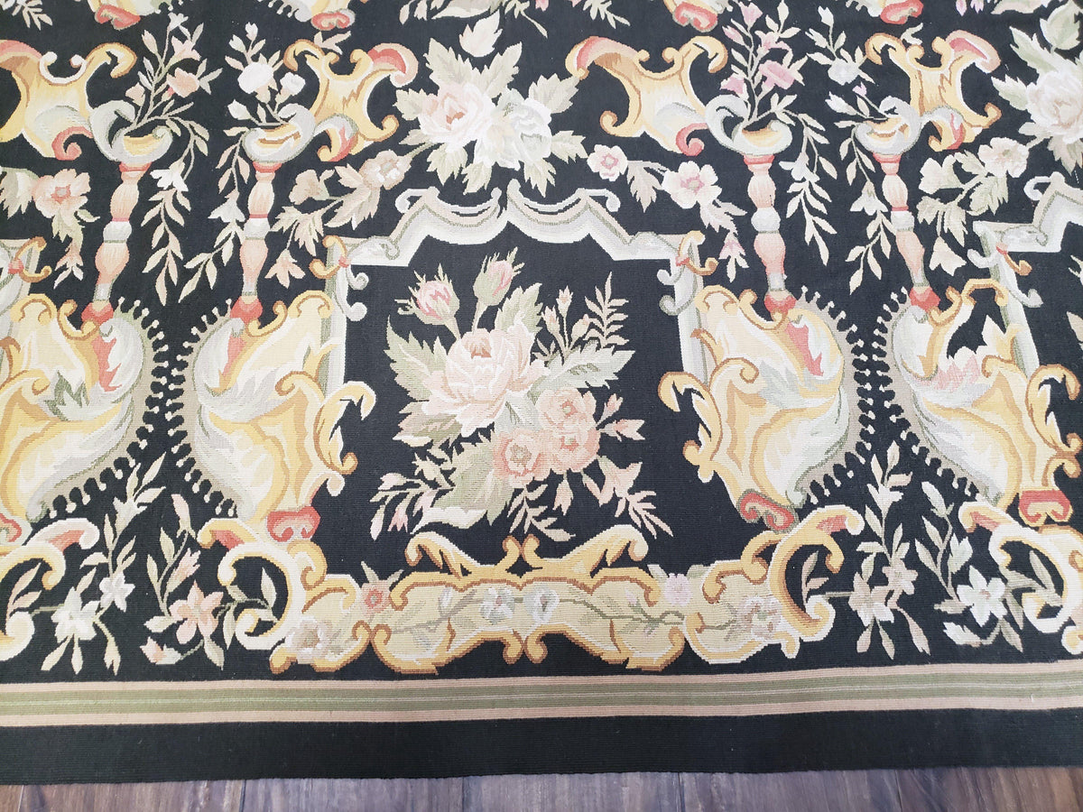 Vintage Black Aubusson Area Rug 8x10, Large Flowers Chinese Aubusson Carpet 7.9 x 10, Wool Hand-Knotted Floral Pattern Flat Weave Rug Nice - Jewel Rugs, view 6