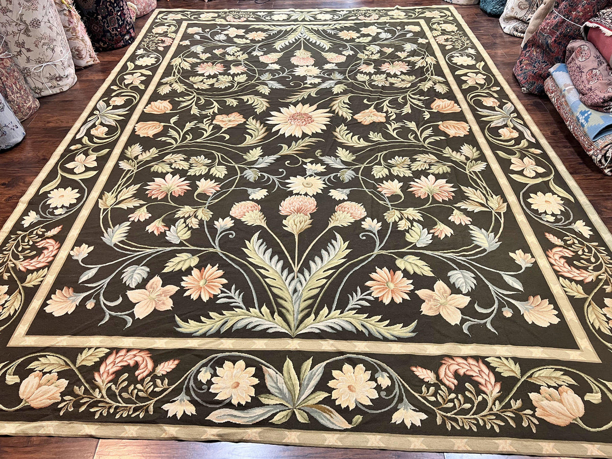 Large Needlepoint Rug 11x16, Dark Green Floral Elegant European Design Vintage Wool Handmade Carpet, Palace Size Rug - Jewel Rugs, view 2