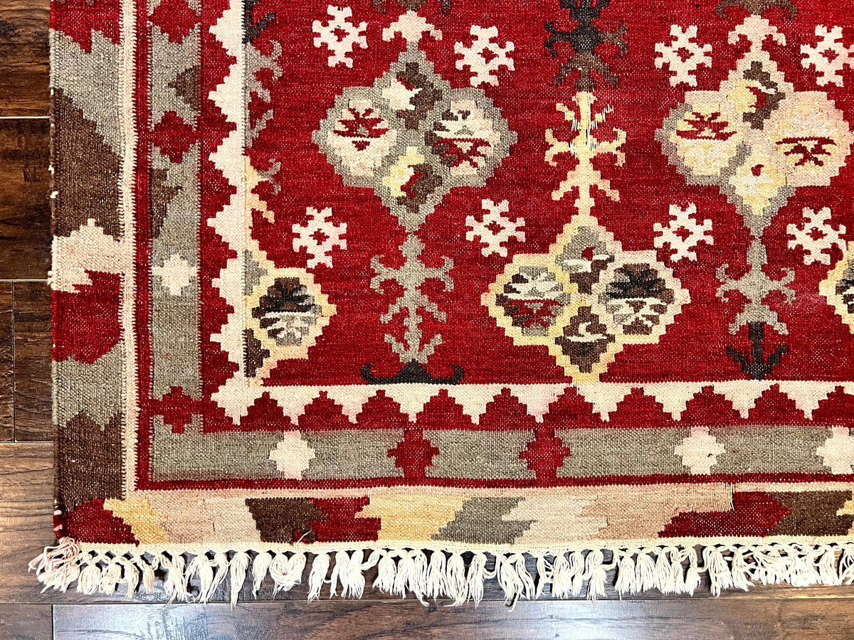 Indian Kilim Rug 6x6, Square Kilim Flatweave Carpet, Vintage Handmade Wool Rug, Red - Jewel Rugs, view 9