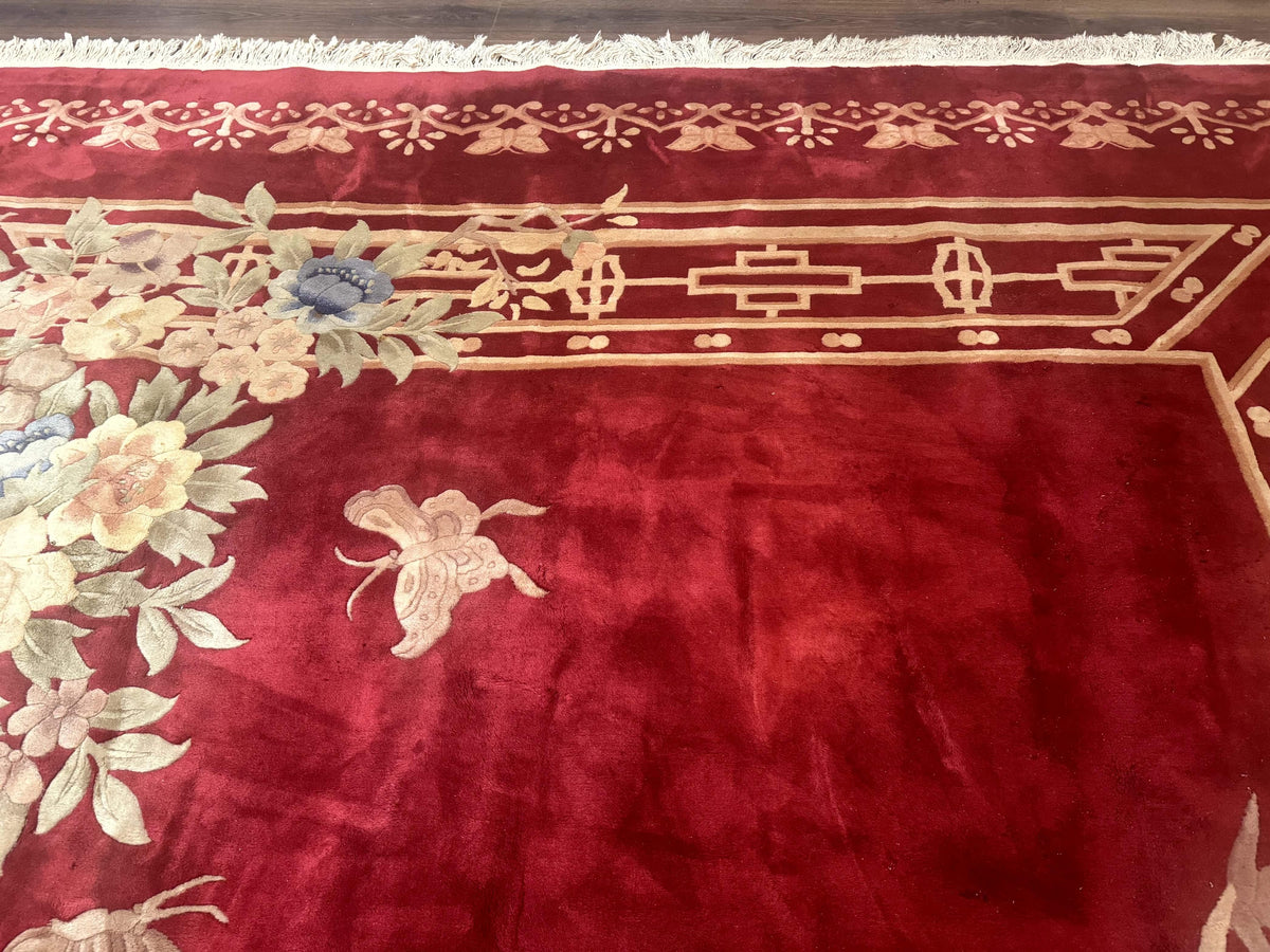 Palace Size Chinese Wool Rug 12x18, Red Art Deco Chinese Carving Carpet, Butterflies Flowers - Jewel Rugs, view 4