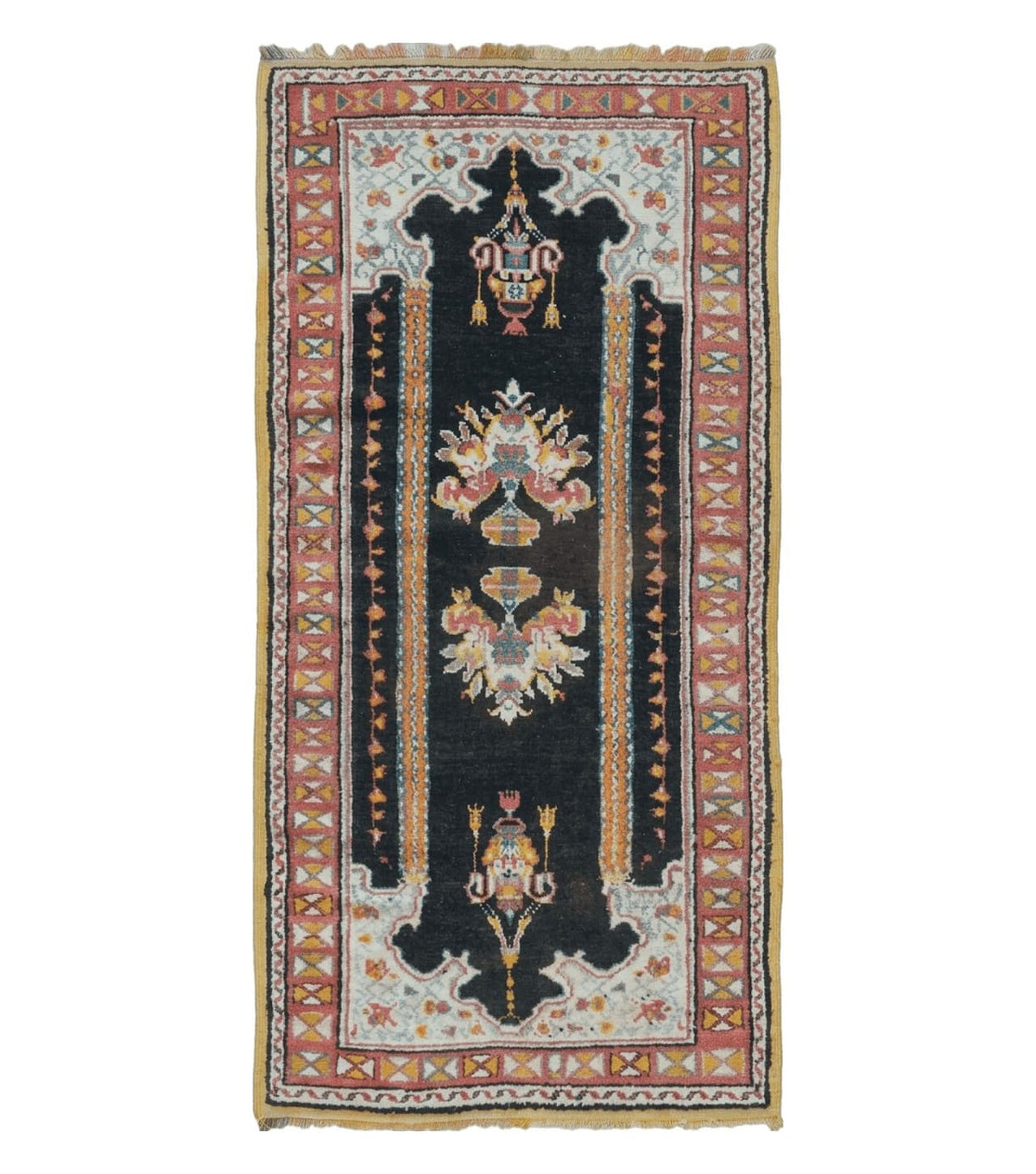Antique Moroccan Runner Rug 3x7, Moroccan Prayer Rug, Double Mehrab Prayer Arches, Black and Red, Hand-Knotted Wool Carpet, Hallway Rug Nice - Jewel Rugs