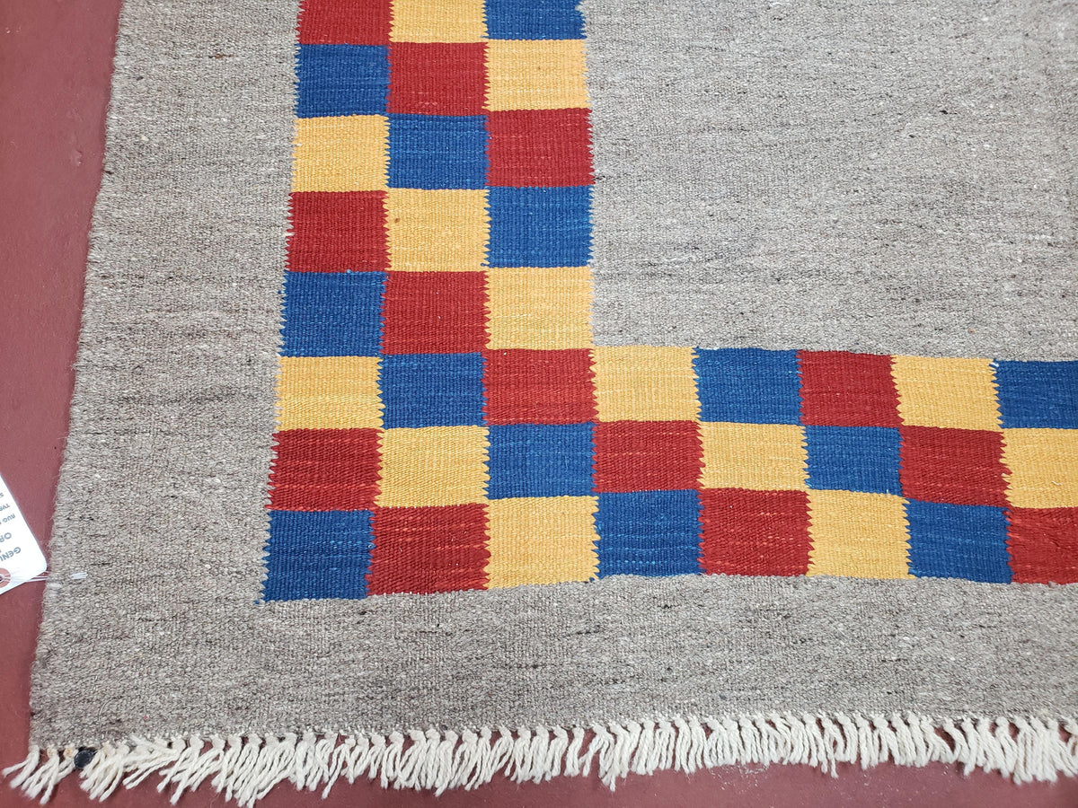New Turkish Kilim Area Rug, Gray Carpet With Colorful Checker Border, 5'6" x 8", Flatweave Carpet, Playroom Rug, Kids Room Rug, Hand-Knotted - Jewel Rugs, view 7