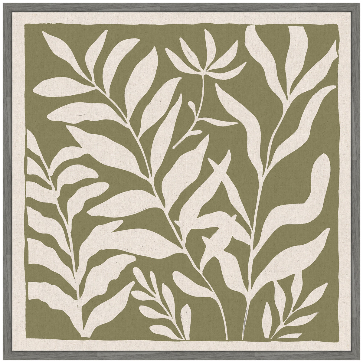 Sylvie Modern Minimalist Botanical Green and Neutral Linen Framed Canvas by The Creative Bunch Studio