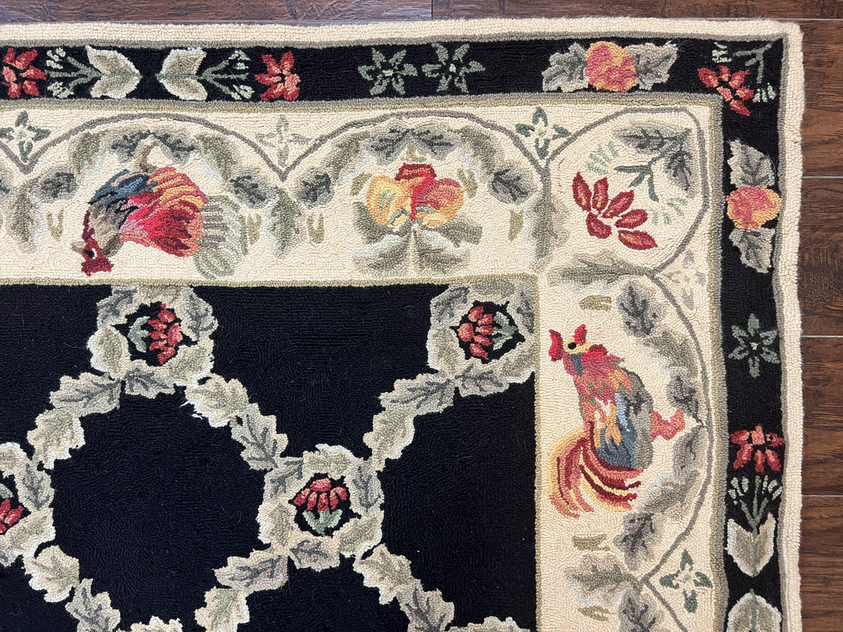 Hooked Rug 5x8, European Aubusson Pattern, Black and Ivory, Roses & Roosters, Vintage Wool Rug - Jewel Rugs, view 8