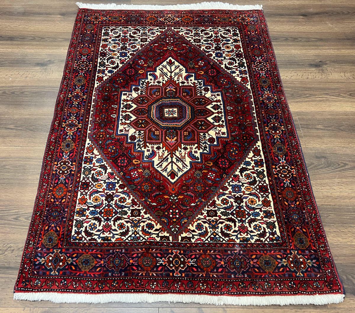 Fine Persian Bidjar Rug 3x5, Geometric Medallion Oriental Bijar Carpet 3 x 5 ft, Ruby Red and Cream, Hand Knotted Wool Rug, Semi Antique Tribal Rug, Nice - Jewel Rugs, view 2