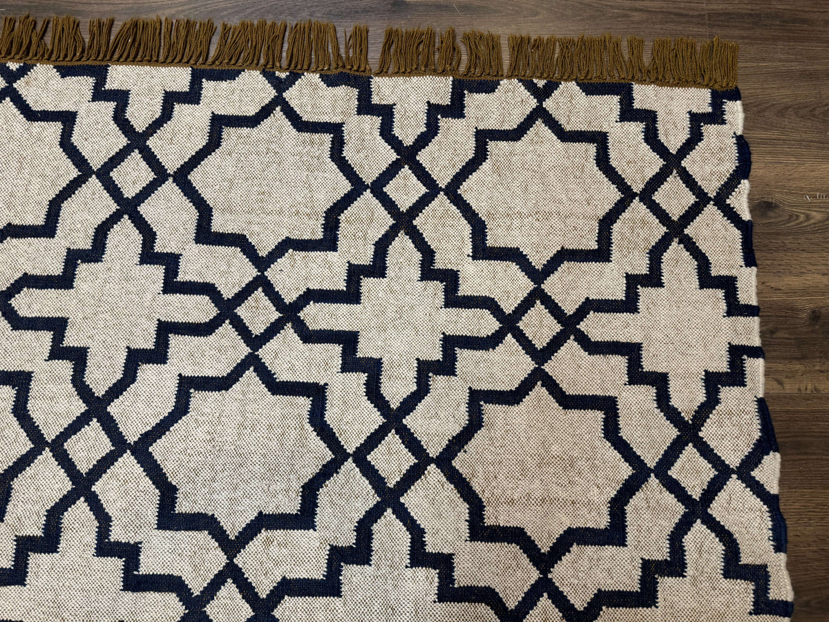 Indian Kilim Rug 8x10, Oat and Navy Blue, Dhurrie Carpet, Handmade, Wool - Jewel Rugs, view 8