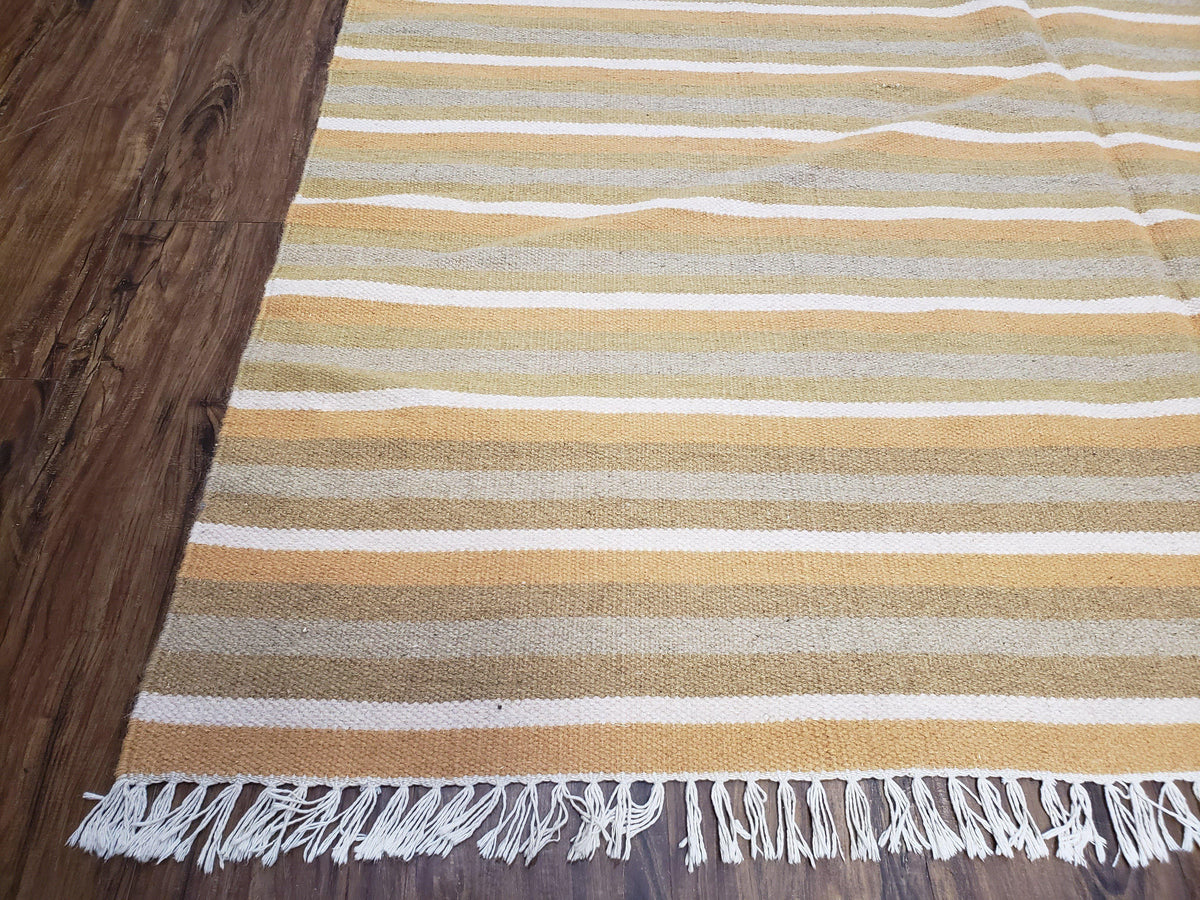 New Indian Kilim Area Rug, 6x8 - 7x8 South American Style Blanket, Striped Indian Wool Hand-Woven Flat Weave 6x9 Bedroom Rug, Ivory Ochre - Jewel Rugs, view 8