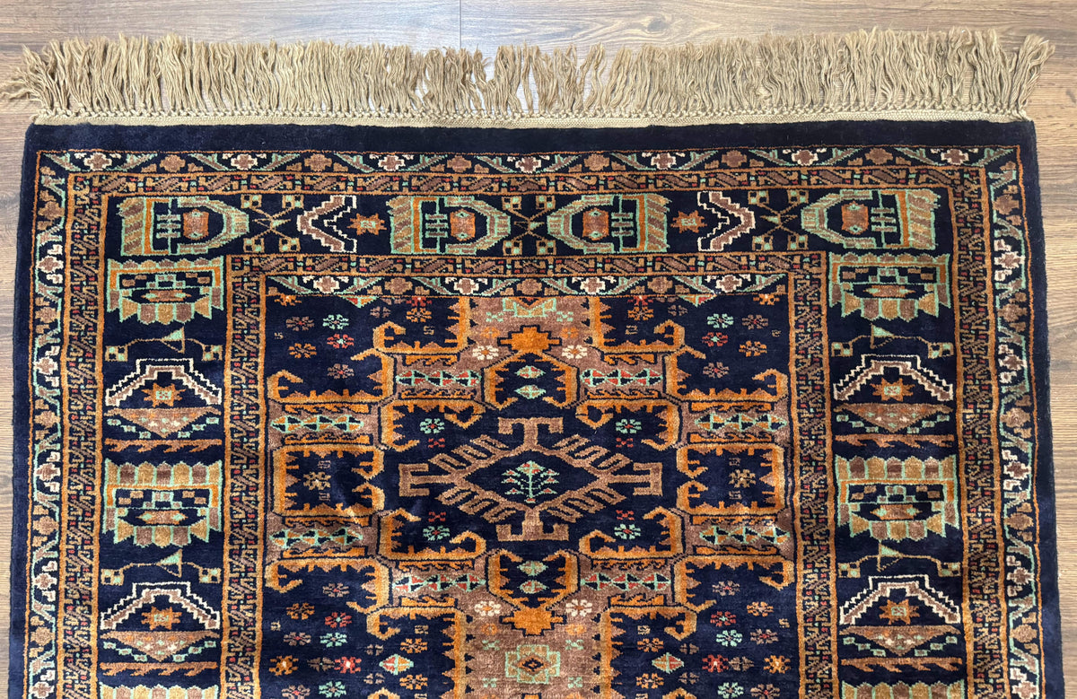Vintage Afghan Rug 4x6, Navy Blue and Light Brown, Geometric Medallions, Wool on Wool, Tribal Rug - Jewel Rugs, view 4