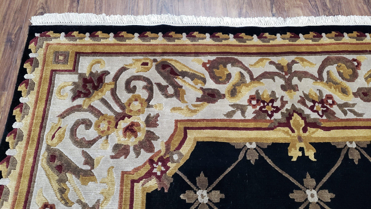 6x9 Nepalese Rug, Aubusson Savonnerie Area Rug 6 x 9 with Soft Pile, Hand-Knotted Wool Black & Beige Tibetan New Carpet European Design - Jewel Rugs, view 7