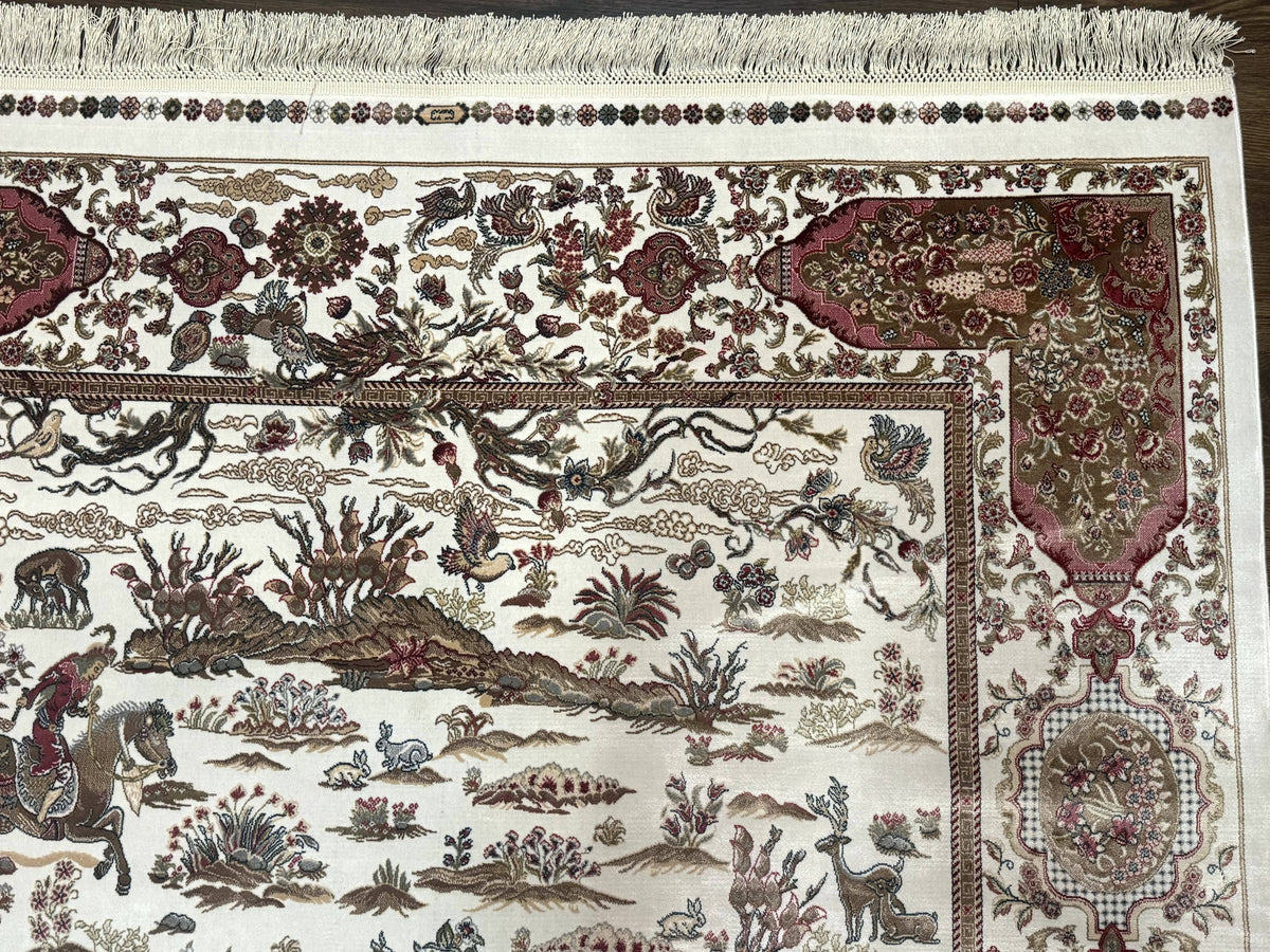 Turkish Silk Rug 5x8, Ivory, Hunting Design, Animal Pictorials, Bamboo Silk - Jewel Rugs, view 8